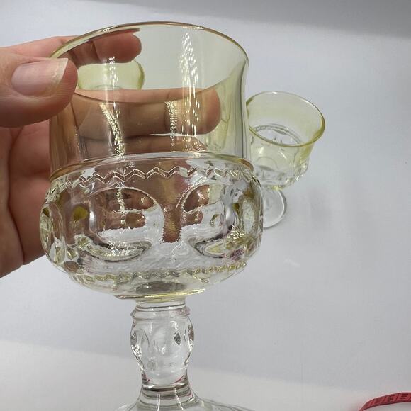 Vintage Set Crown Thumbprint Yellow & Clear Cordial Sherry Stemmed Wine Glasses - Picture 7 of 8